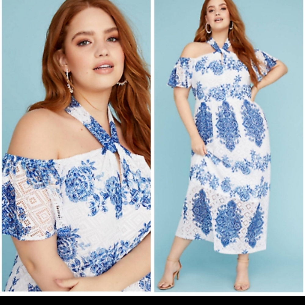 Lane Bryant Blue Floral Lace Halter Dress
